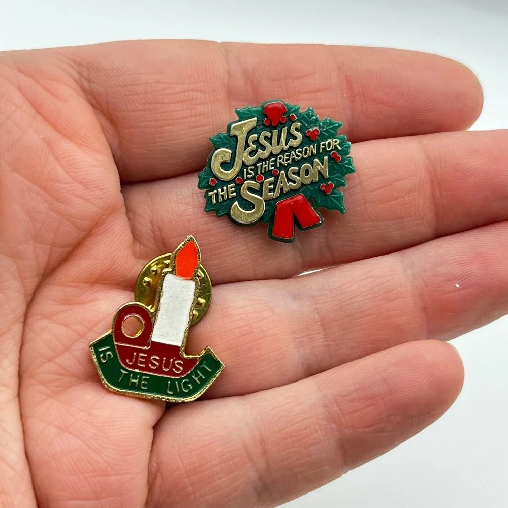 Jesus Is The Reason For The Season Christmas Lapel Pin Set Religious‎ Candle 2pc